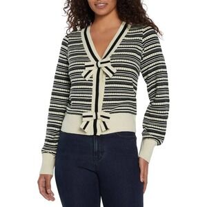 Express Striped Bow Front V-Neck Cardigan Sweater Black Cream XXL NWT